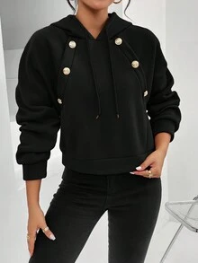 SHEIN Privé Women's Button & Drawstring Design Hoodie - Black - View 7