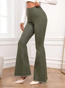 SHEIN Frenchy Frilled Bottom Solid Color Flare Jeans For Women - Army Green - View 5