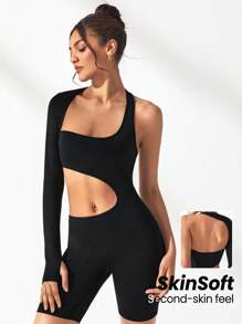 SHEIN Sports 女用不對稱頸部鏤空腰部運動連身褲 - 灰色 - 查看 7