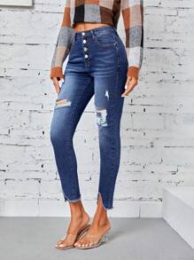 SHEIN LUNE Của phụ nữ Quần jean ôm Với Đau khổ Chi tiết - Rửa tối - Xem 3