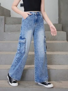Quần jeans ống đứng, phong cách thường ngày, thời trang, cổ điển, kiểu cargo dành cho bé gái tuổi teen. - Rửa trung bình - Xem 5