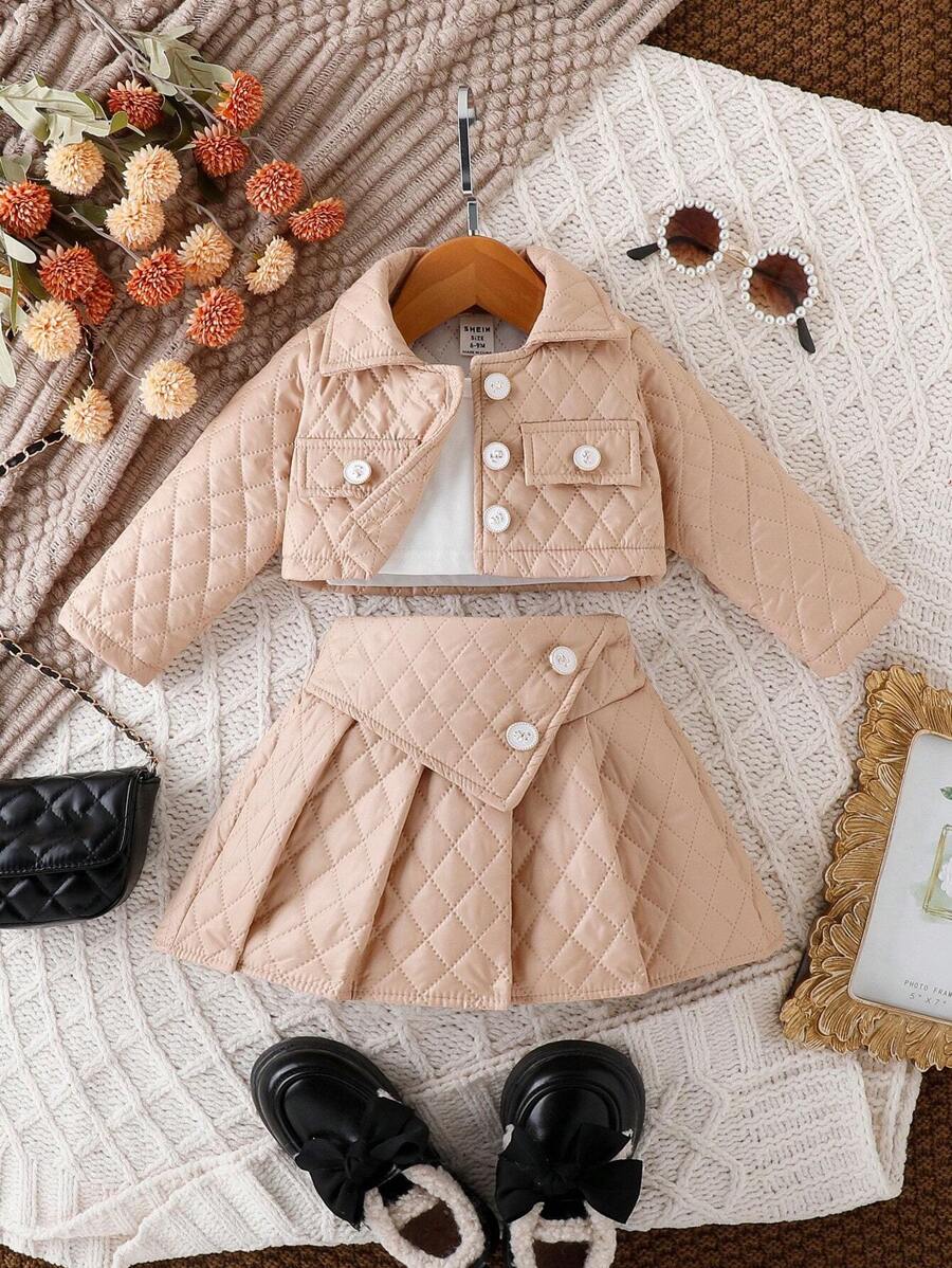 嬰兒女孩絎縫半身裙外套2件套套裝,秋冬 - 杏色 - 查看 1