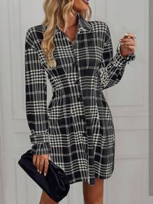 SHEIN Clasi Plaid Single Breasted Dress - Black - View 6