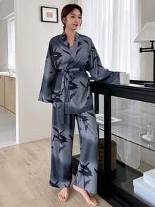 DAZY 女士漸變植物印花腰帶上衣和褲子睡衣套裝 - 深灰色 - 查看 5