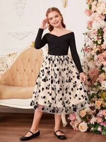 SHEIN Tween Girl Off Shoulder Cross Wrap Front Floral Mesh Overlay Dress - Black - View 6