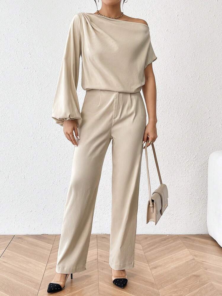 Asymmetric Collar Shirt And Pants 2pcs Set