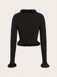 SHEIN ICON Fuzzy Trim Knot Front Cardigan,Long Sleeve Tops - Black - View 2