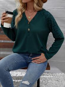 EMERY ROSE 女士豹紋網眼針織下垂肩t恤 - 墨綠色 - 查看 5