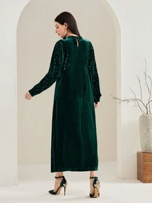 Mulvari Women's Loose Fit Casual Dress With Patchwork And Ruffle Neckline - Dark Green - View 2