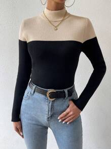 Chiquease Women's Color Block High Neck Knit Pullover Fall Winter Sweater - Apricot - View 5