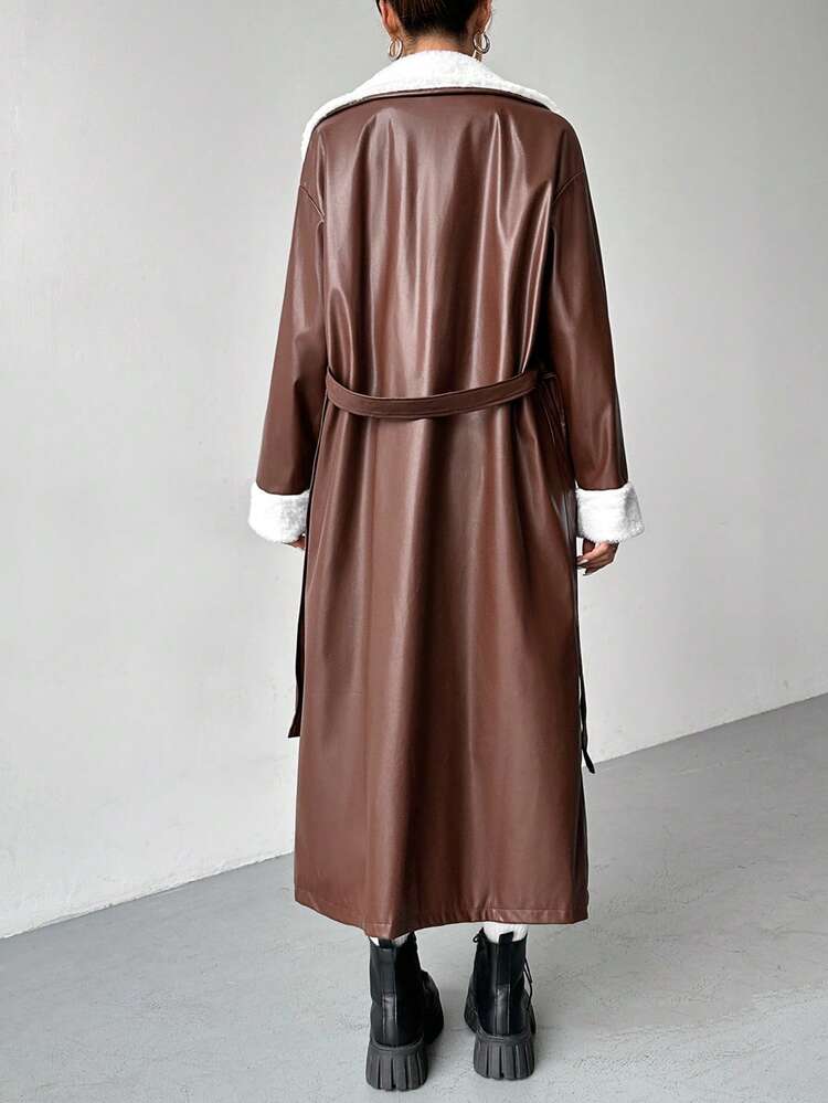 Women's Belted Pu Jacket With Collar