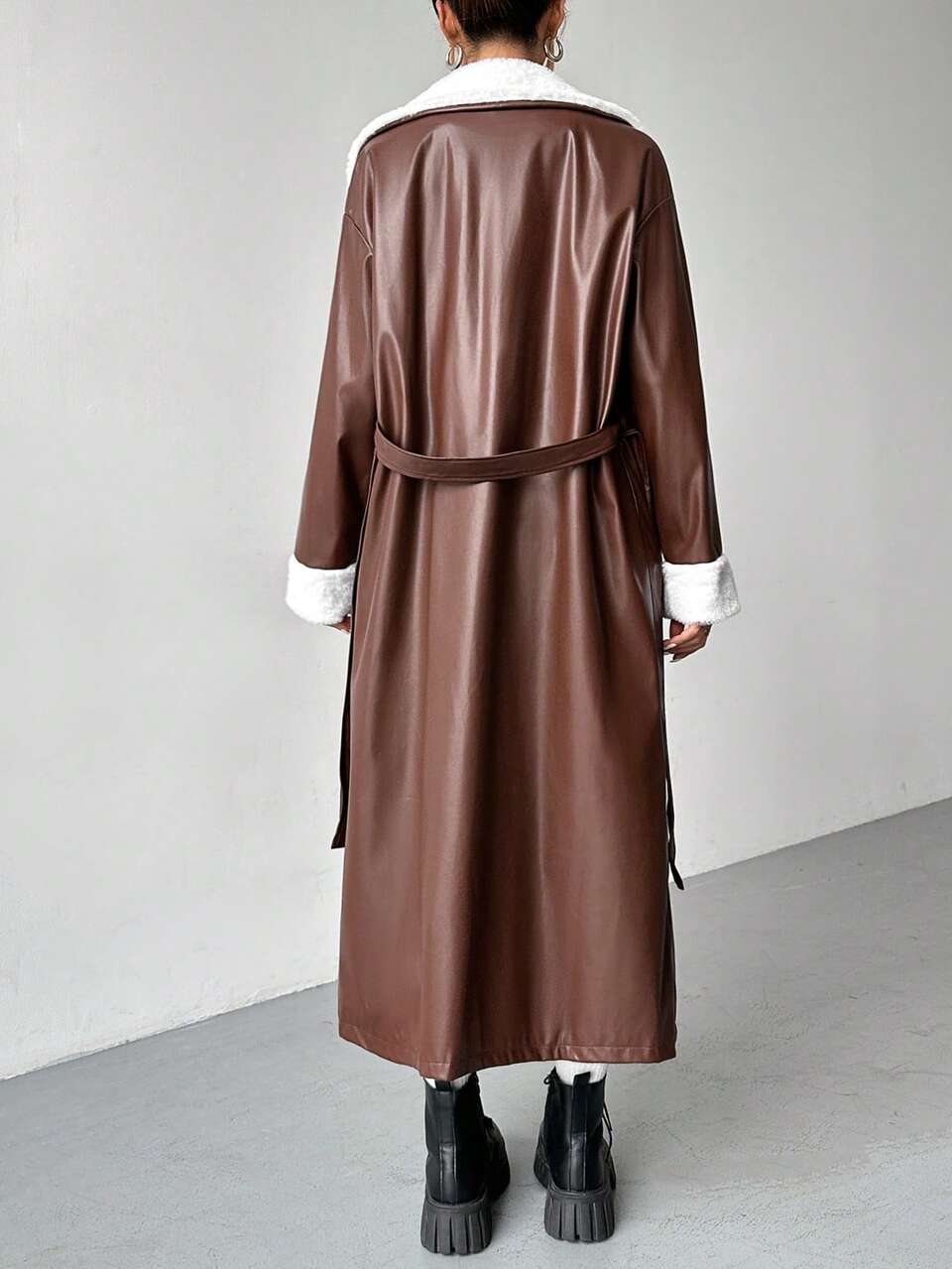 Women's Belted Pu Jacket With Collar