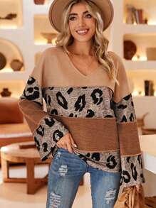 Acelitt V-neck Leopard Print Color Block T-shirt - Multicolor - View 1