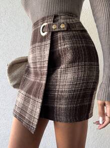 EURMUSE Ladies' Plaid Skirt With Metal Buckle - Brown - View 4