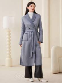 Seusyu Shawl Collar Dual Pocket Belted Coat - Grey - View 3