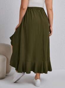 SHEIN LUNE Plus Ruffle Trim Split Thigh Skirt - Army Green - View 2