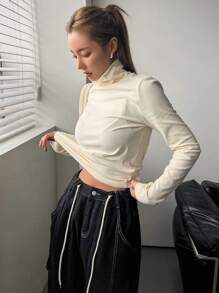 DAZY 女式立领打底 T 恤长袖女上衣，秋季女装高领衫 - 米色 - 查看 5