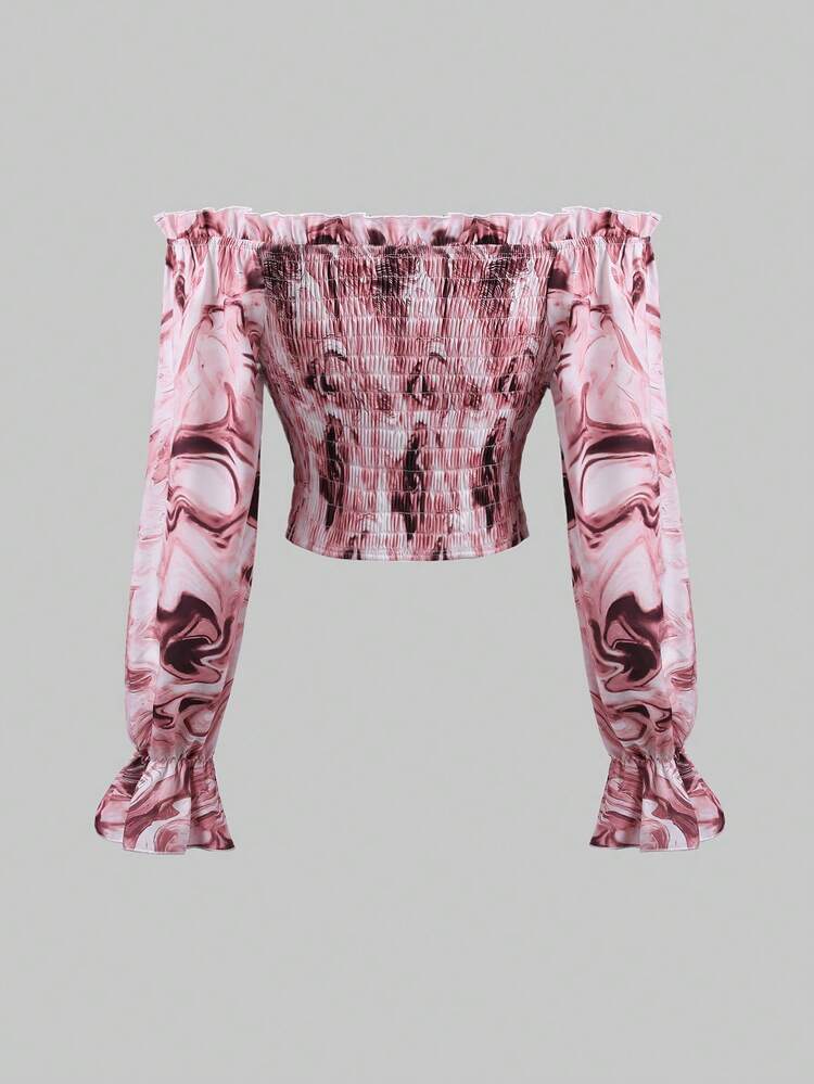 Marble Print Off Shoulder Flounce Sleeve Ruched Blouse