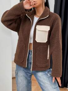 SHEIN Unity Flap Pocket Zip Up Teddy Jacket - Brown - View 5