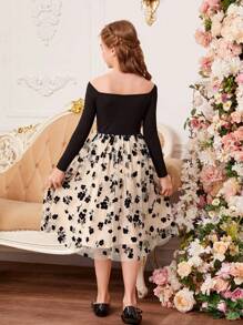 SHEIN Tween Girl Off Shoulder Cross Wrap Front Floral Mesh Overlay Dress - Black - View 2