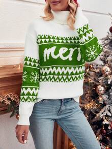 SHEIN Frenchy Của phụ nữ Cổ cao Áo len giáng sinh Với Lá thư & Họa tiết Hình học - màu xanh lá - Xem 5