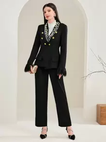 Modelyn Của phụ nữ Nút đơn Áo khoác Với Cơm Hạt Đồ trang trí - màu đen - Xem 3