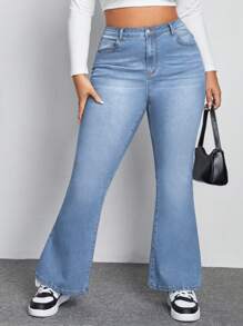 SHEIN EZwear Pantalones De Mezclilla Acampanados De Talla Grande Y Lavado Claro Para Mujer - Lavado ligero - Ver 3