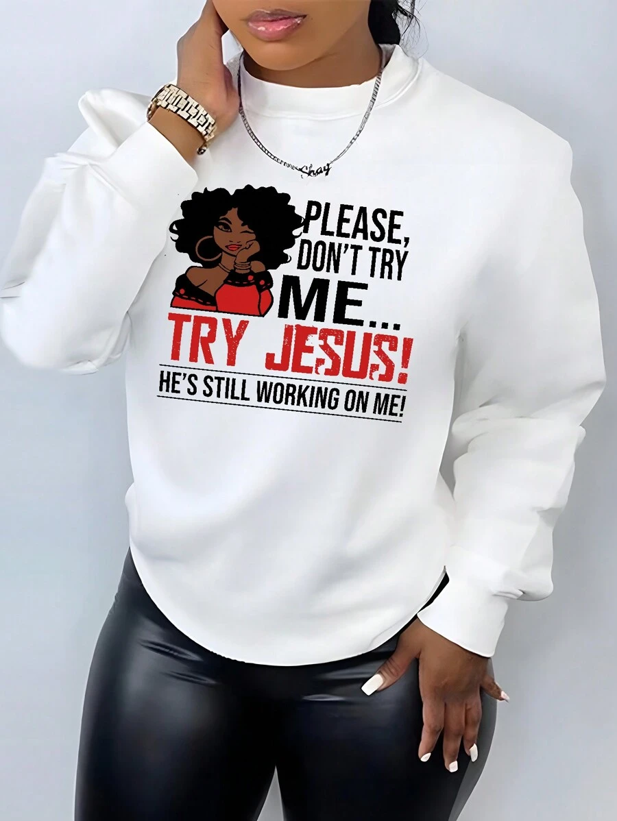 SHEIN EZwear Kích thước lớn Áo chui đầu Áo nỉ Với Từ Và Nhân vật In - trắng - Xem 1