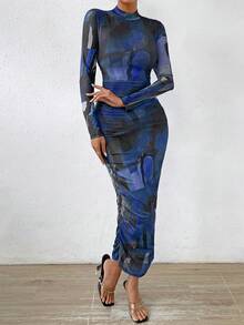 SHEIN Privé Allover Print Mock Neck Bodycon Dress - Blue - View 3