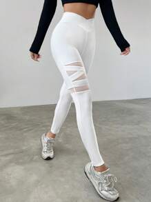 SHEIN EZwear 女士网眼撞色紧身裤 - 白色 - 查看 3