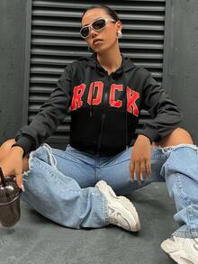 SHEIN Unity 女款信封印花帶束口設計連帽衫 - 黑色 - 查看 4