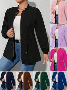 SHEIN Clasi 大尺碼有拉鍊的夾克,襞邊領子設計 - 黑色 - 查看 1