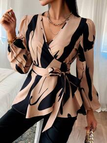 SHEIN Privé 女士印花燈籠袖包身襯衫 - 杏色 - 查看 6