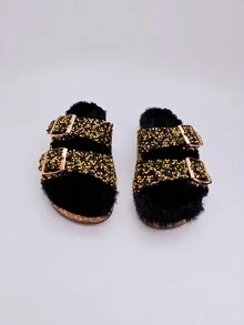 roulvxiang New Arrival Double Buckle Diamond Glitter Slides Pink Fashion Flat Slippers Women's Flat Sandals For Casual, Home, Street, Travel - Black - View 7