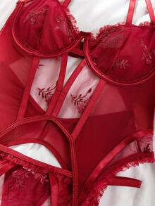 SHEIN Conjunto De Lencería Sexy De 3 Piezas De Encaje Y Malla Unidos - Burdeos - Ver 6