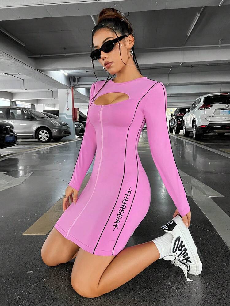 Letter Graphic Cut Out Front Contrast Piping Bodycon Dress