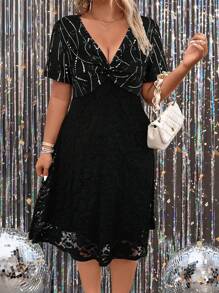 SHEIN Clasi Plus Twist Front Lace Dress - Black - View 4