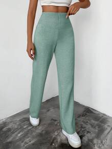 EURMUSE Solid Color Fitted Straight Sweater Pants - Green - View 3