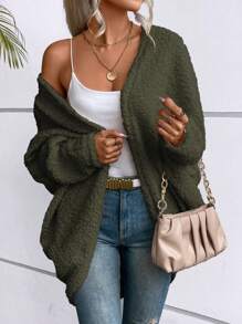 SHEIN LUNE Ladies Fuzzy Solid Color Jacket - Dark Green - View 3