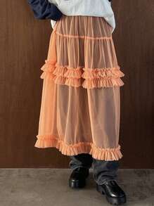 FRIFUL Mesh Flounce Hem Skirt - Orange - View 5