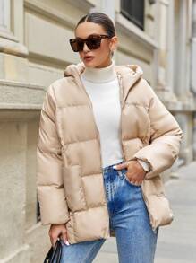 SHEIN Cottnline Chaquetas Acolchadas Con Capucha Y Doble Bolsillo Para Mujer - Beis - Ver 3