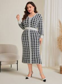 Modelyn Hơn Đồ họa Houndstooth Tay áo lồng đèn Đầm Áo len - Đen và trắng - Xem 6