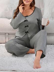 Plus Contrast Binding Bow Front PJ Set / Pajama Set - Dark Grey - View 1