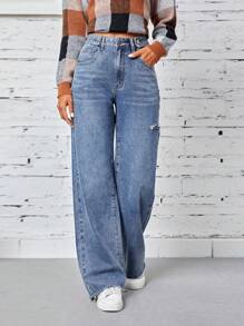 SHEIN LUNE 女性破洞牛仔褲