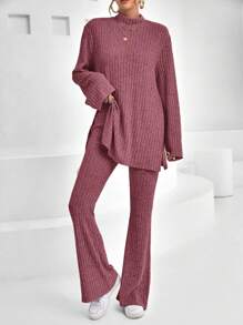 SHEIN Essnce 女士兩件套裝 - 酒紅色 - 查看 4