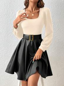 SHEIN Frenchy Women's Color Block Turn-down Collar Long Sleeve Dress - Apricot - View 1