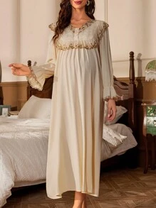 Moonlight&Mama Maternity Embroidered Lace Nightgown, Pajama Dress - Beige - View 6