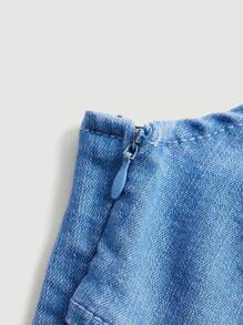 SHEIN MOD Blue Asymmetrical One Shoulder Twist Front Denim Dress, Fall Women Clothes - Medium Wash - View 3