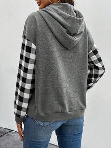 SHEIN LUNE 女士連帽衛衣,格紋圖案和下垂肩袖設計 - 灰色 - 查看 2