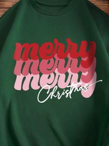 SHEIN EZwear 女聖誕快樂印花抓絨運動衫 - 墨綠色 - 查看 3